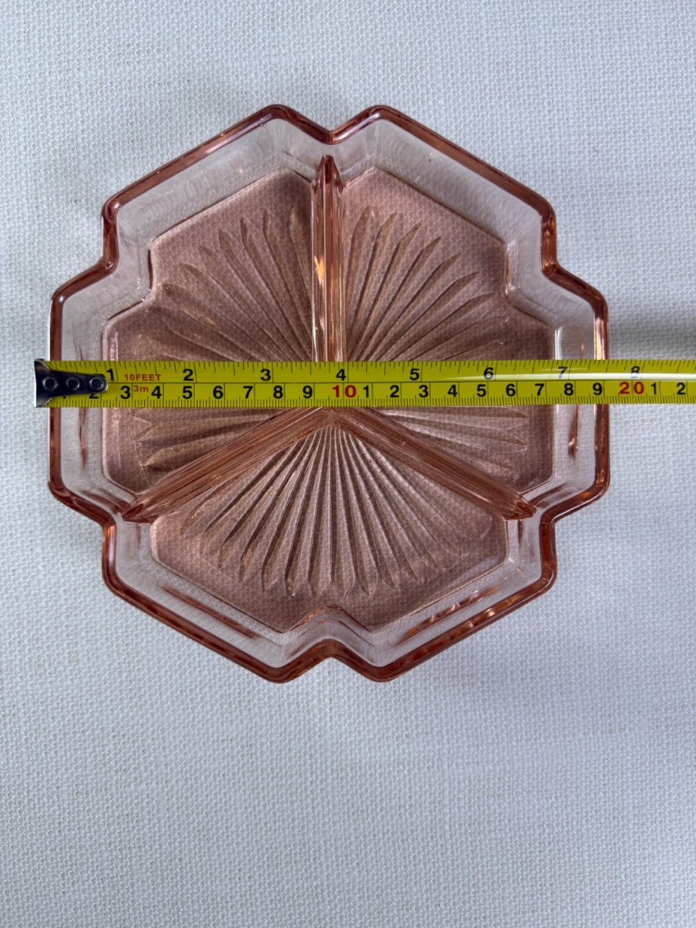 Pink Depression Glass 3-Section Divided Relish & Candy Dish — Starburst Pattern - Picture 5 of 10